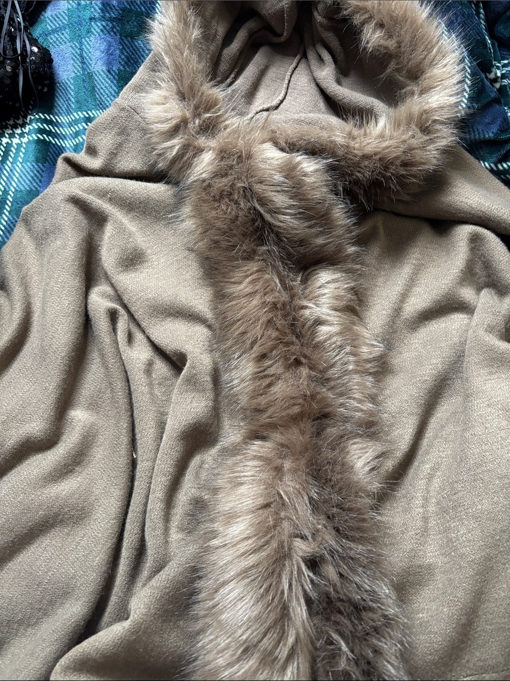 Faux Fur Trim Hooded Wrap - Camel